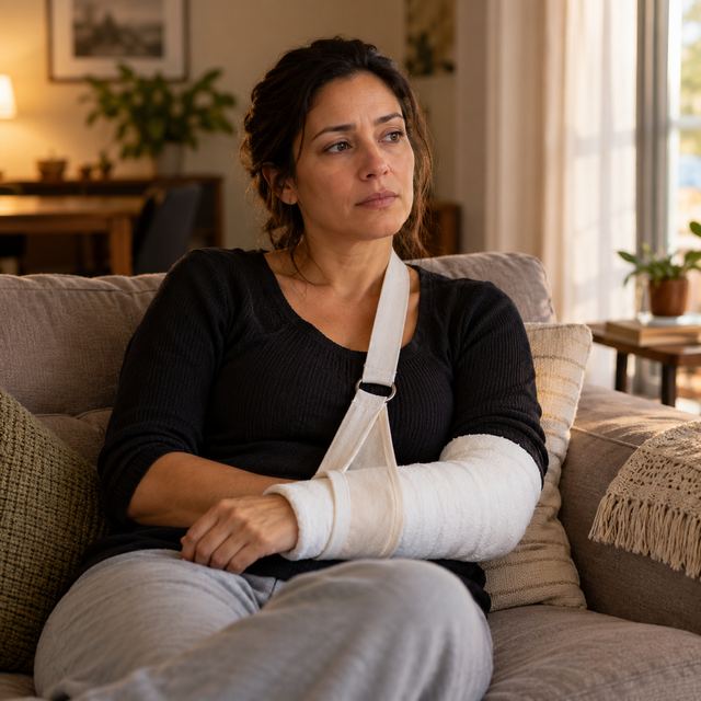 Mulher com o braço imobilizado, sentada no sofá