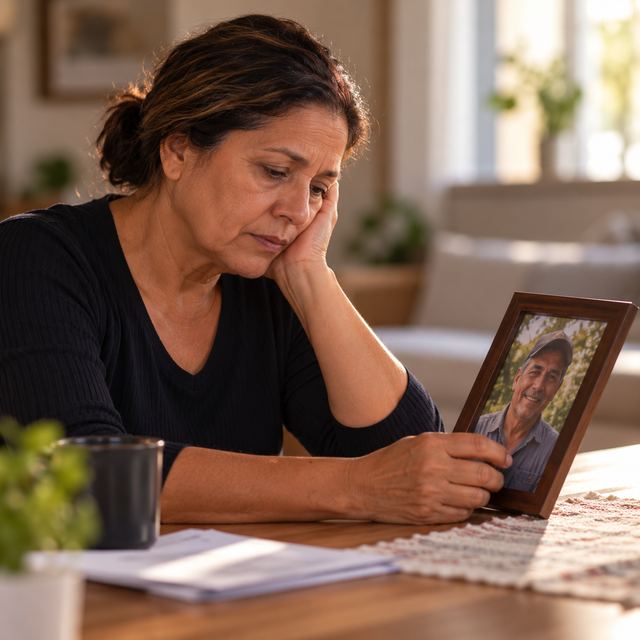 Mulher segurando o retrato de um familiar falecido