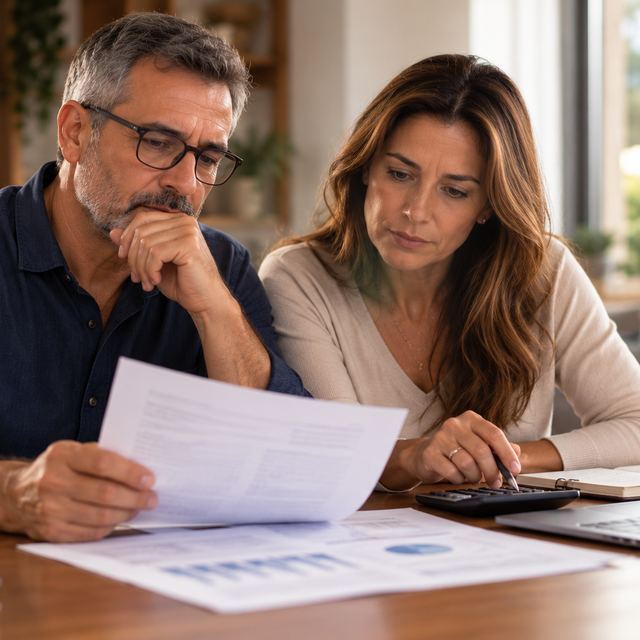 Casal analisando documentos e fazendo contas