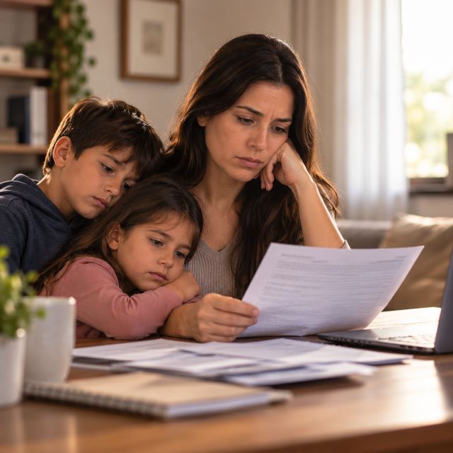 Mãe com os dois filhos analisando um documento