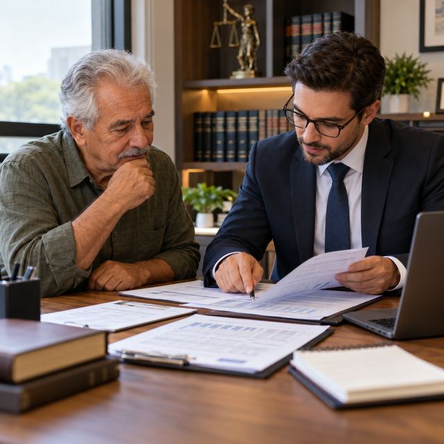 Advogado analisando documentos com cliente